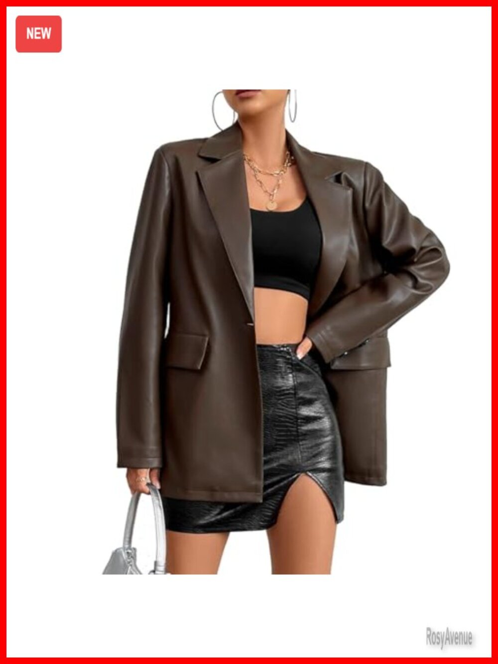 Faux Leather Blazer Jacket Women Moto Biker Coat Button Business Casual